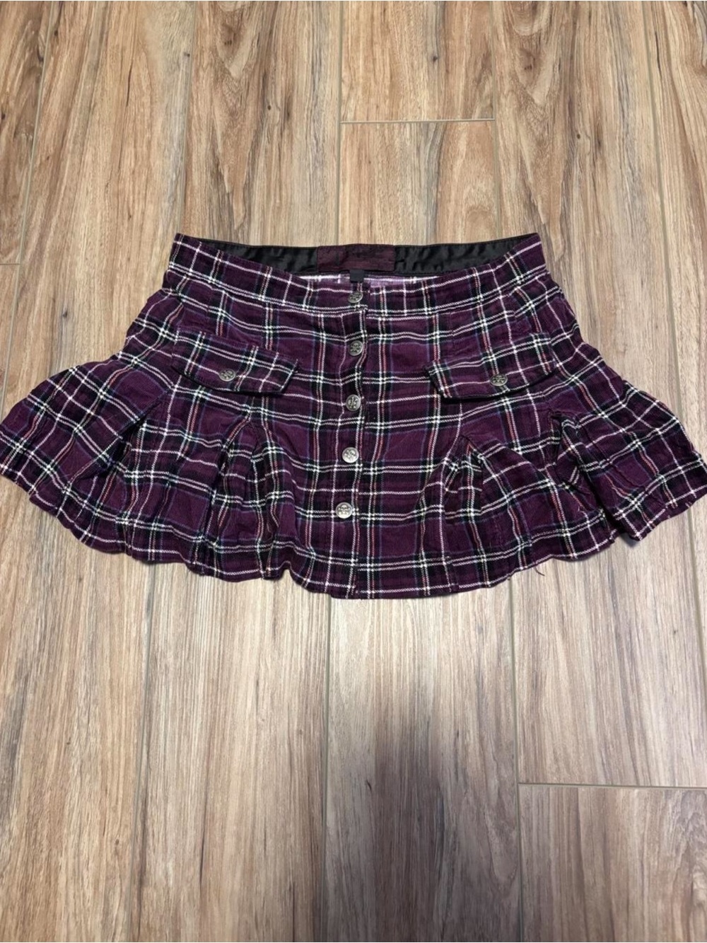 Tripp NYC purple plaid mini skirt with skull buttons size XS